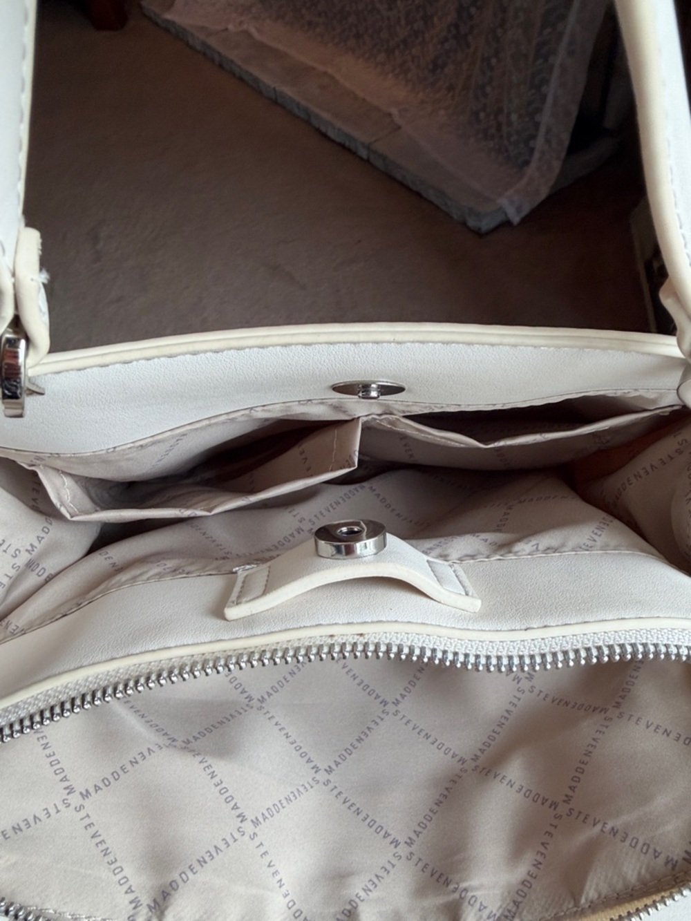 Steve Madden Cream Embossed SM Logo Satchel with Branded Strap - Picture 5 of 8